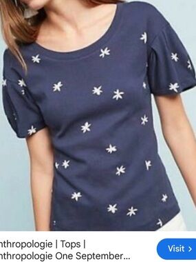 Anthropologie Navy Short Sleeve Tee with White Floral Print | Size Medium